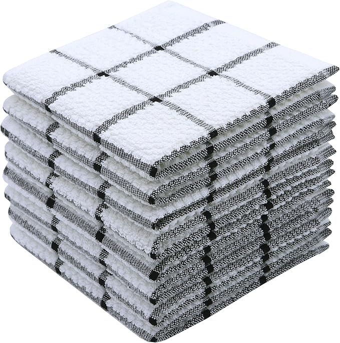 Cotton Terry Kitchen Dish Cloths, Soft Absorbent Tidy Kitchen Dish Towels (Black Plaid, 12 Inch x 12 Inch)