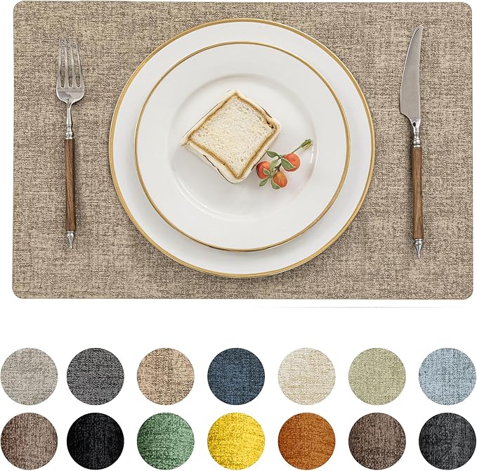 Romanstile Vinyl Placemats Set of 8-12 X 17 Inch - Faux Leather 100% Waterproof Oil-Proof Wipeable Place Mats, Heat Resistant Reversible PU Table Mats for Kitchen Dining Party Outdoor, Khaki