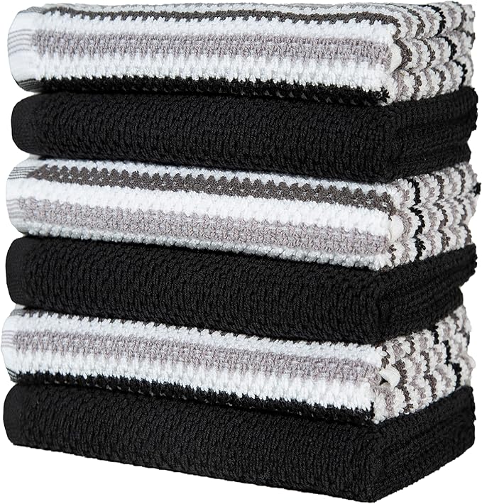 Premium Kitchen Towels (16”x 26”, 6 Pack) | Large Cotton Kitchen Hand Towels | Popcorn Striped Design | Dish Towels | 430 GSM Highly Absorbent Tea Towels Set with Hanging Loop | Black