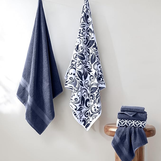 Modern Threads Botanical Vine 6-Piece 100% Cotton Towel Set – Reversible Yarn Dyed Jacquard – Includes 2 Bath Towels, 2 Hand Towels, 2 Washcloths – Absorbent, Quick Dry, Soft & Durable – Navy