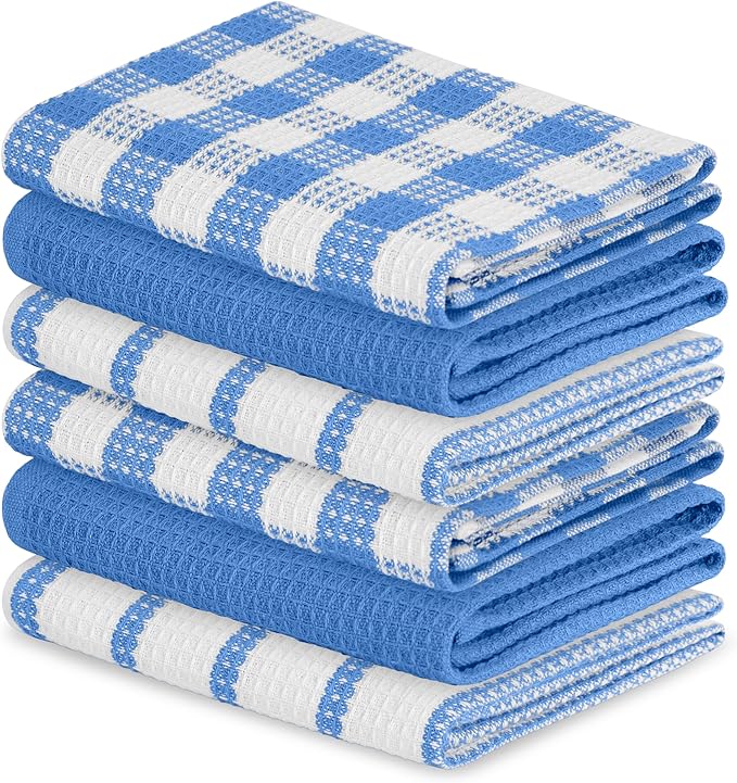 Blue Needles Waffle Weave Kitchen Towels, 15x25 Inches 100% Cotton Set of 6 Dish Cloths for Kitchen, Ultra Soft & Absorbent with Hanging Loop, Dish Rags for Quick Drying, Assorted - Sky Blue