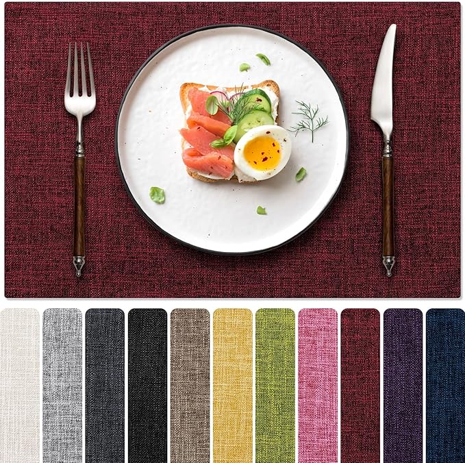 Blue Forest Placemats Set of 6, Dual-Layered Thickened Faux Linen Cloth Place Mats Heat Resistant Machine Washable Wrinkle Free Table Mats Indoor/Outdoor (Red)