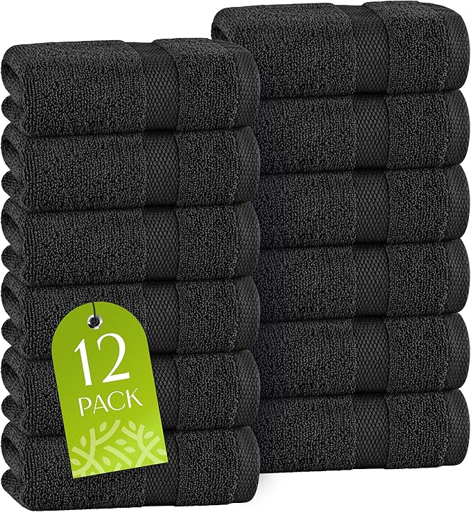 White Classic Black Washcloths Set for Body and Face Towel, Cotton Wash Cloths Bulk 12 Pack, Spa Fingertip Wash Clothes 12x12 Inch, Soft Absorbent Gym Towels