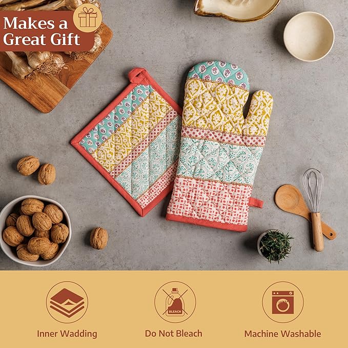 Maison d' Hermine 100% Cotton Oven Mitt & Pot Holder Set (7.5"x13" & 8"x8") Heat Resistant BBQ Cooking Gloves with Loop Baking Grilling Kitchen Gifts for Mothers Day Spring/Summer (Provence)