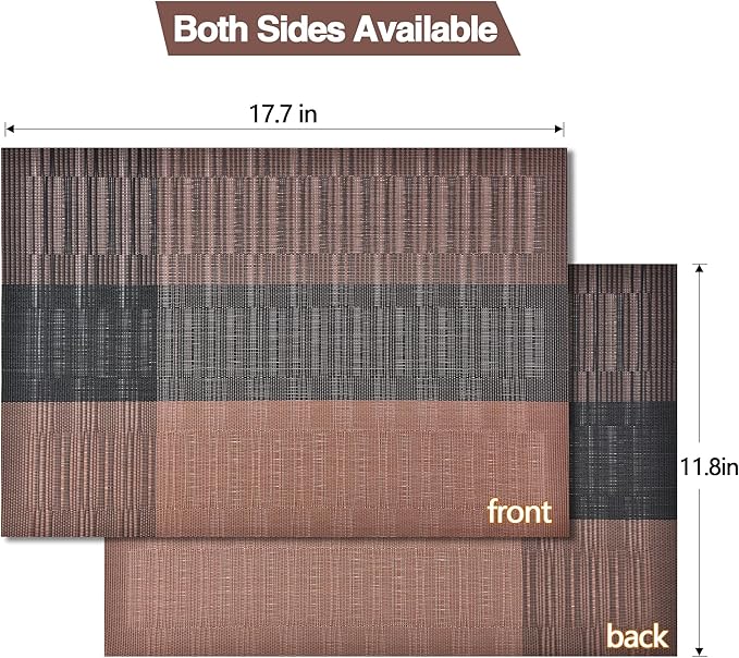 SLKQG Brown Placemats Set of 8 - Easy Clean Modern Durable Washable Vinyl Place Mats - Heat Resistant Placemats for Kitchen Table - PVC Table Mats for Dining Table (Brown Black, 8)