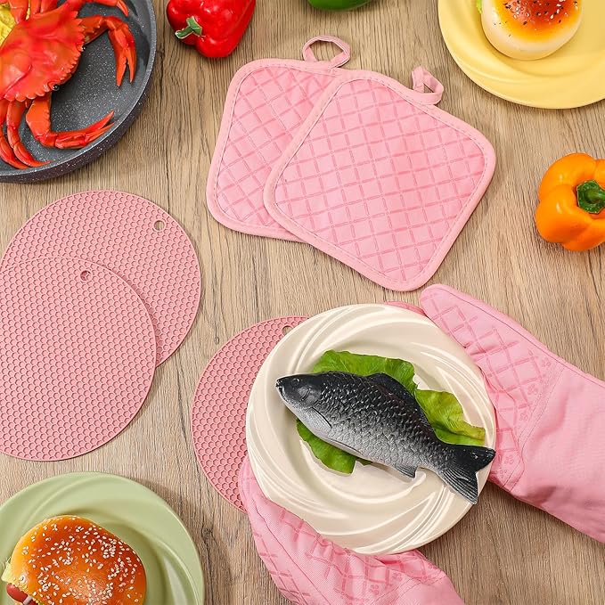Pink Oven Mitts and Pot Holders 7 Sets, Heat Resistant Kitchen Gloves Pads Potholders for Women Gifts Pot Holders Kitchen Accessories Gift(Pink,Rubber Cotton,Honeycomb)