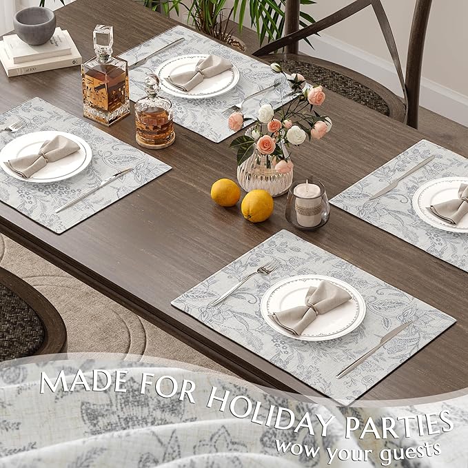 JINCHAN Linen Floral Placemats Set of 4 Cloth Table Mats Rustic Cottagecore Botanical Outdoor Seasonal for Kitchen Dining Table Decor Non-Slip Washable Tablemats 13x19 Inch Grey