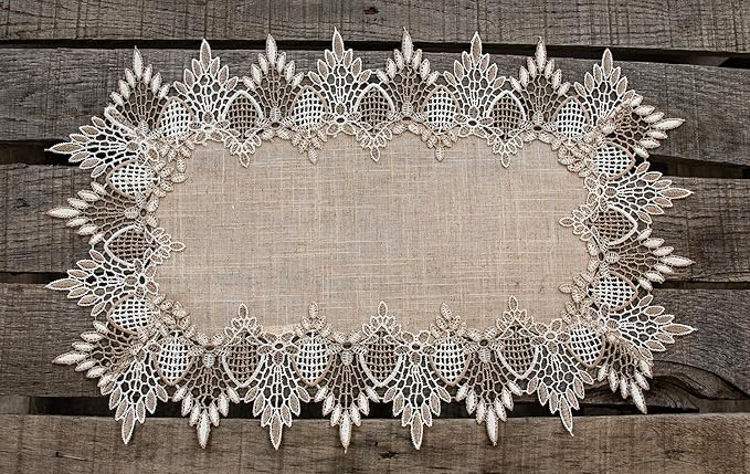 LINENS ART AND THINGS Lace Placemats Neutral Earth Tones Dresser Scarf Coffee Table Runner End Table Doily Brown Beige Set of 2 (13Wx20L)