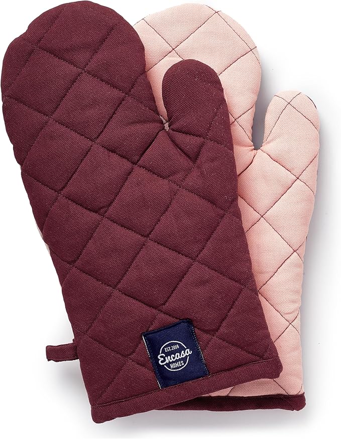 Encasa XO Heat Resistant Cotton Oven Gloves Mitts (2 Pc Set) - Quilted & Safe 12x6.6 in - for Kitchen, Cooking & Baking, Grilling, Handling Hot Pots & Pans - Maroon