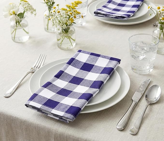 PurpleEssences Buffalo Plaid Cloth Napkins - Mitered Corners - Spring Easter Summer - Gingham Check Dinner Napkin - Set of 12-100% Cotton - 18x18 Inch - Reusable Washable - Blue and White