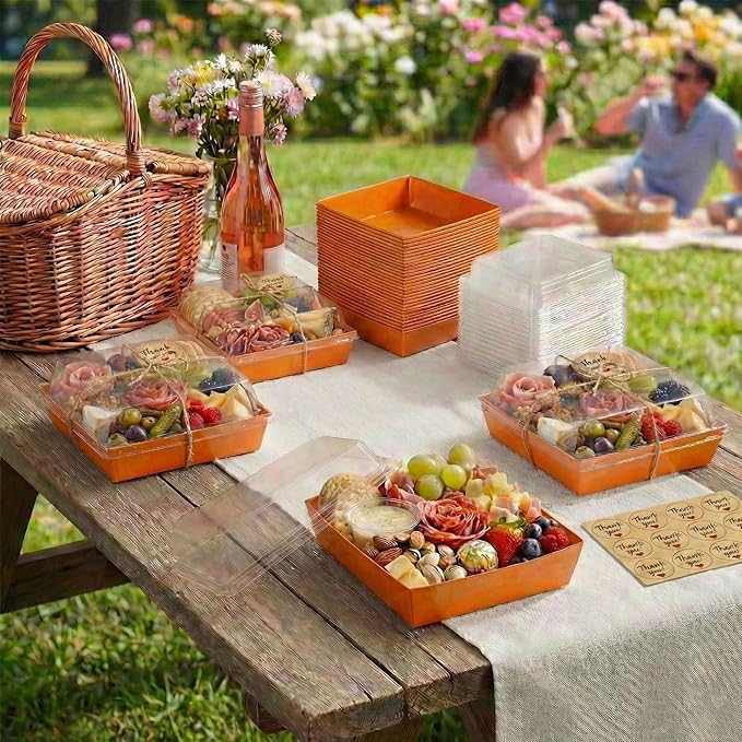 Leafiew 50 Pack Small Charcuterie Boxes with Clear Lids - To Go Paper Mini Charcuterie Box, Disposable Food Containers, 5Inch Dessert Boxes - Sandwich, Cookie, Sushi, Cake Slice, Strawberries (Orange)