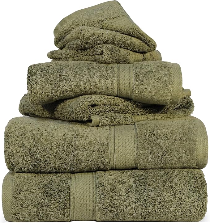 Superior Egyptian Cotton Pile 6 Piece Towel Set, Includes 2 Bath, 2 Hand, 2 Face Towels/ Washcloths, Ultra Soft Luxury Towels, Thick Plush Essentials, Guest Bath, Spa, Hotel Bathroom, Forest Green