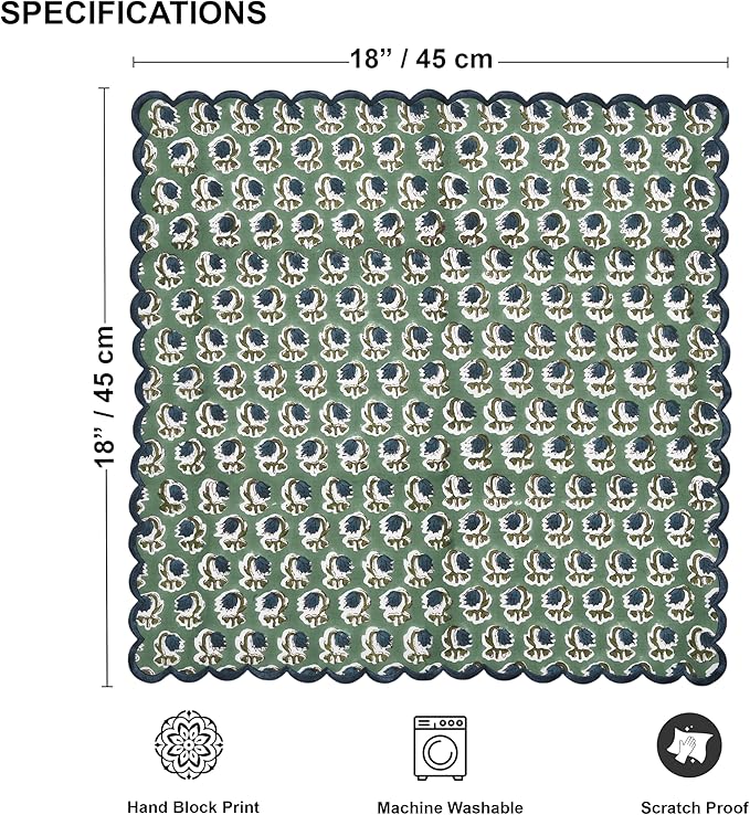 Ridhi Hand Block Print Basil Green 18" x 18" (Set of 4) Embroidery Table Napkins Reusable Cotton Dinner Napkins for Weddings, Parties, Everyday Dining Gift for Spring, Easter, Valentine