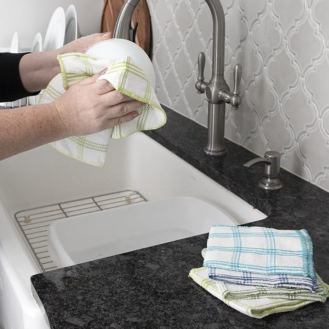 Ritz 100% Cotton 12-inch x 12-inch Kitchen Dish Towel, Gentle Cleaning Wash Cloth with Poly Scour Side, 5-Pack, Blue/Green