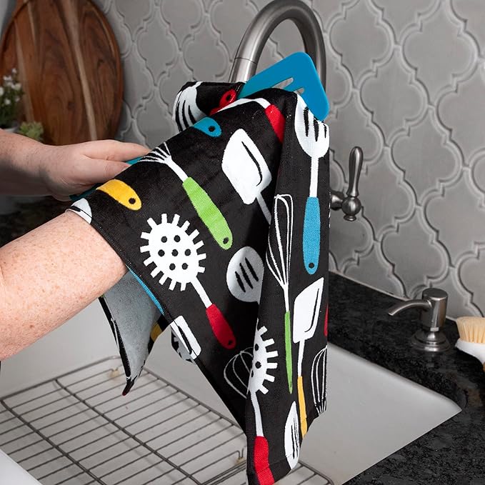 T-Fal Fiber Reactive Print Kitchen Towels: Highly Absorbent, Super Soft - 100% Cotton, 16"x28" Dish Towels for Cleaning & Drying Dishes, Pans, Glassware, or Countertops, 2-Pack, Utensiles
