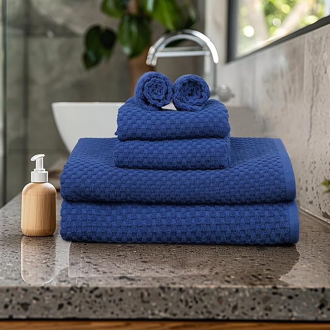 COTTON CRAFT Waffle 6 Piece Towel Set - 100% Cotton - 2 Oversized Luxury Euro Spa Waffle Weave Large Bath Towels, 2 Hand Towels, 2 Washcloths - Absorbent Quick Dry Hotel Bathroom Shower Pool - Blue