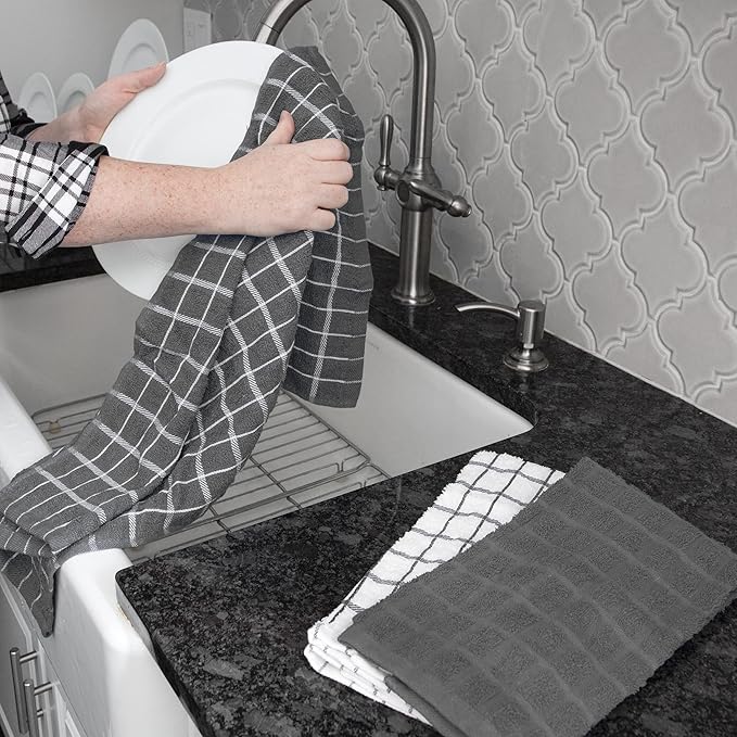 Ritz Premium 100% Cotton Terry Check Kitchen Dish Towels - Highly Absorbent, Super Soft, Long-Lasting, 25"x15", 3-Pack, Gray