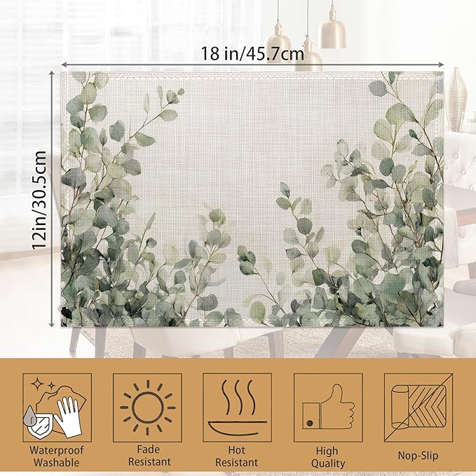 Watercolor Eucalyptus Leaves Placemats Set of 6, Green Branches Table Mates Non-Slip Heat Resistant Washable Linen Place Mats for Party Kitchen Dining Decoration Indoor Outdoor 12"x18"
