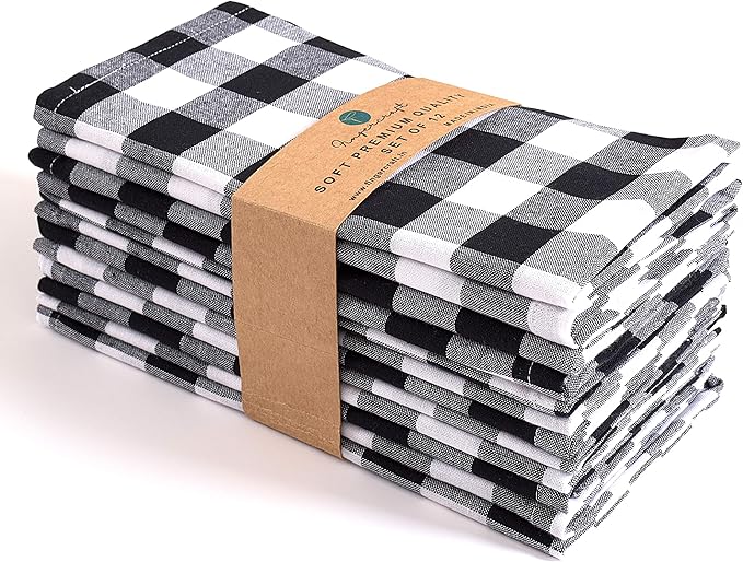 FINGERCRAFT Cloth Napkins, Everyday Use, Premium Quality, Cotton Buffalo Plaid, Set of 12, 20X20 Inch Oversized Napkins Cloth Mitered Corners, Soft, Durable Hotel Quality Black White Checkered