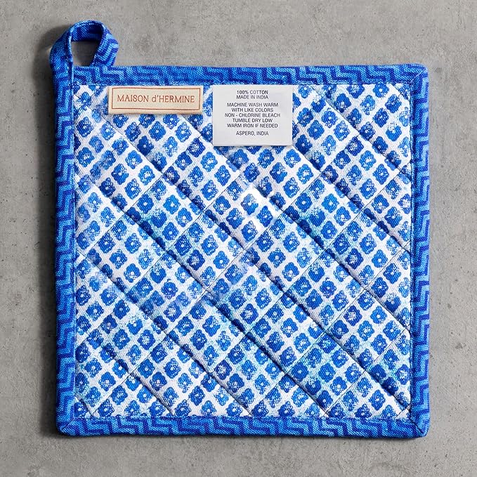 Maison d' Hermine Pot Holders 100% Cotton Heat Resistant Potholders 8" x 8" Hot Pads with Loop BBQ Cooking Baking Gifts for Mothers Day Handling Hot Pans Spring/Summer (Pack of 1, Indigo Love)