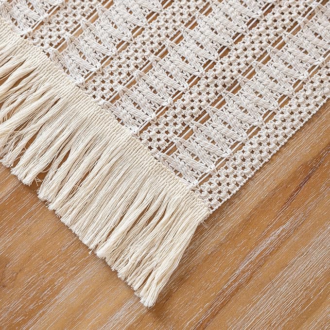 Keketoarrange Boho Spring Table Runner White for Home Decor 12x108 Inches Farmhouse Macrame Woven Burlap Jute Rustic Coffee Table Runner Dresser Scarf Dining Kitchen Centerpiece Bohemian Decor