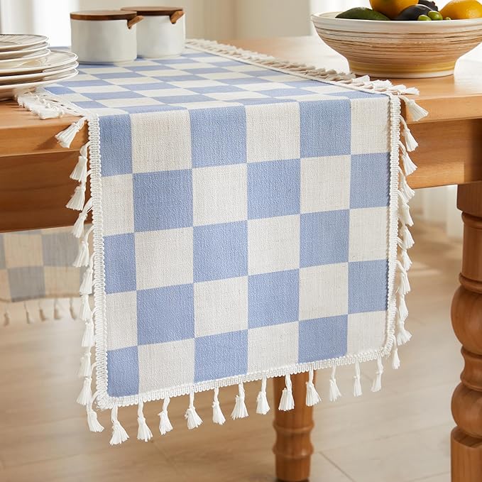 Ohocut Blue Checkered Table Runner with Tassel Farmhouse Rustic Vintage Cute Aesthetic Retro Cotton Linen Table Runner 72 Long for Dinning Race Party Decoration 13''x72''