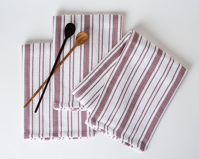 Kitchen Towels Set – Pack of 3 (20’’ x 30’’) Extra Large Premium Cotton Dish Towels for Kitchen – Basket Weave Towels – Absorbent – 100% Cotton – with Hanging Loop – Dark Pink