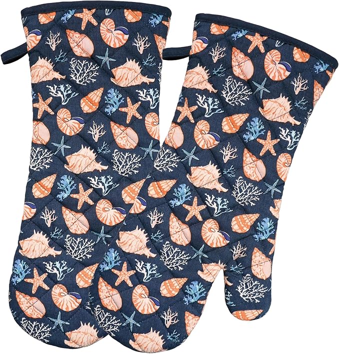 Oven Mitts Cotton Fashion Cute Cowry Design 1pair Heat Resistant Oven Gloves Safe Cooking Baking Grilling Barbecue Machine Washable Pot Holders (Cowry)