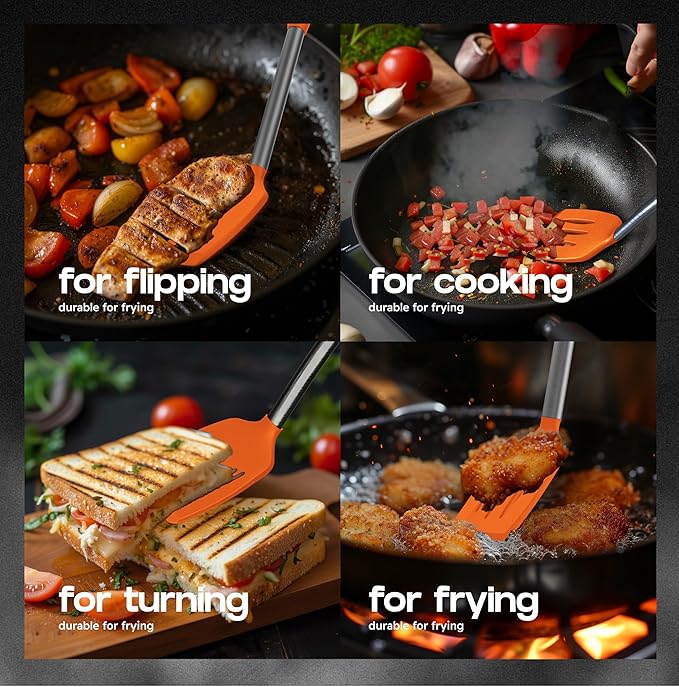 BakeRoyal Silicone Spatula Set - Turner Spatulas Silicone Heat Resistant 600°F - Slotted & Solid Silicone Spatulas for Cooking Fish, Eggs, Pancakes Flipper – Silicone Cooking Utensils Set – Orange