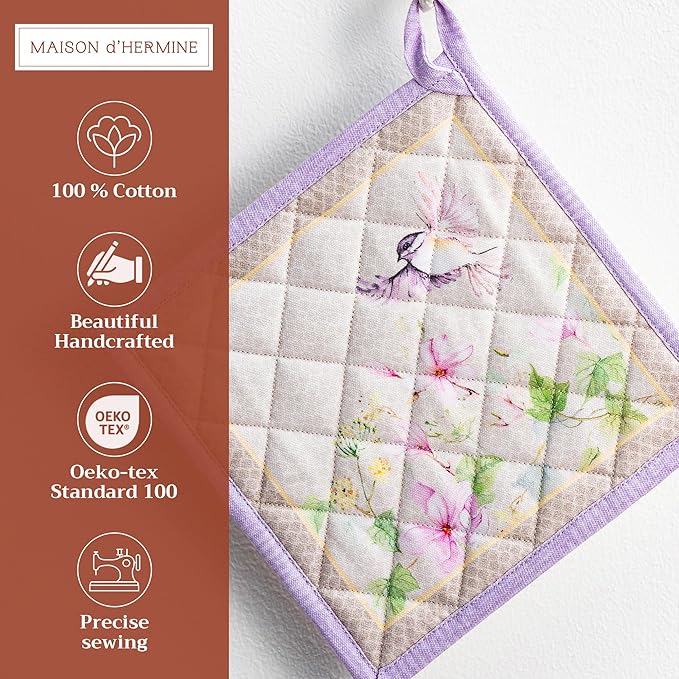 Maison d' Hermine Pot Holders 100% Cotton Heat Resistant Potholders 8" x 8" Hot Pads with Loop Cooking Baking Gifts for Mothers Day Handling Hot Pans Spring/Summer (Pack of 1, Magnolia Mornings)