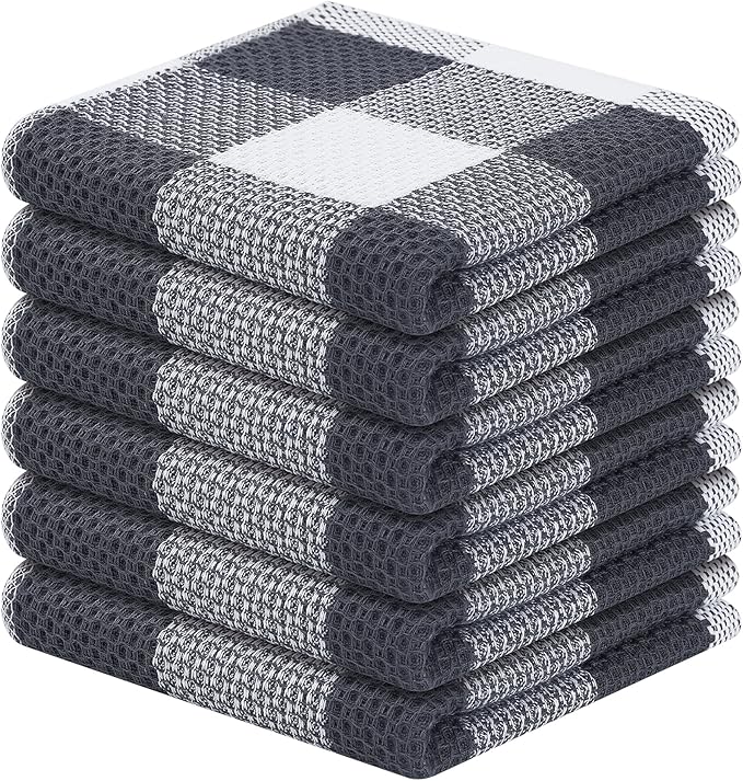 Homaxy 100% Cotton Waffle Weave Check Plaid Dish Cloths, 12 x 12 Inches, Super Soft and Absorbent Dish Towels Quick Drying Dish Rags, 6-Pack, White & Dark Grey