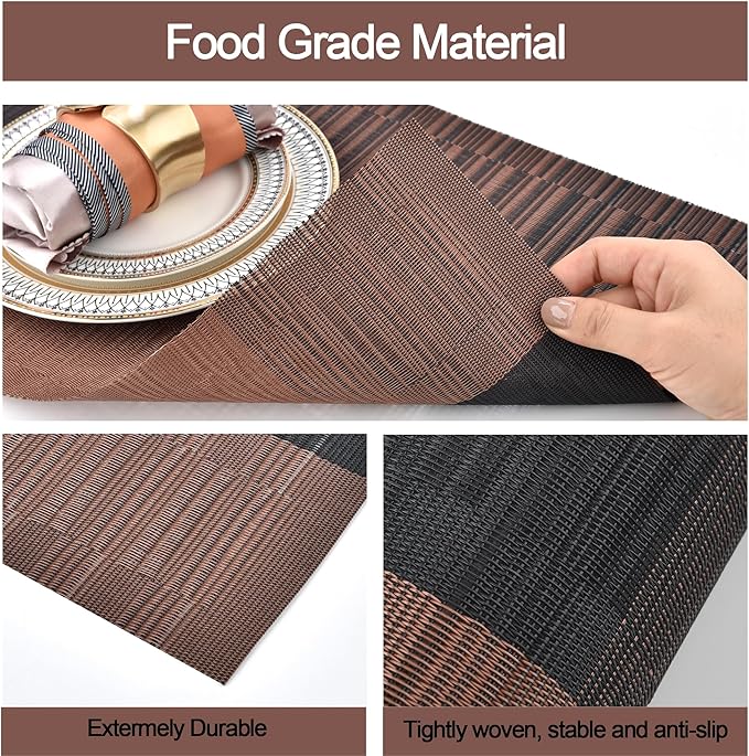SLKQG Brown Placemats Set of 4 - Easy Clean Modern Durable Washable Vinyl Place Mats - Heat Resistant Placemats for Kitchen Table - PVC Table Mats for Dining Table (Brown Black, 4)