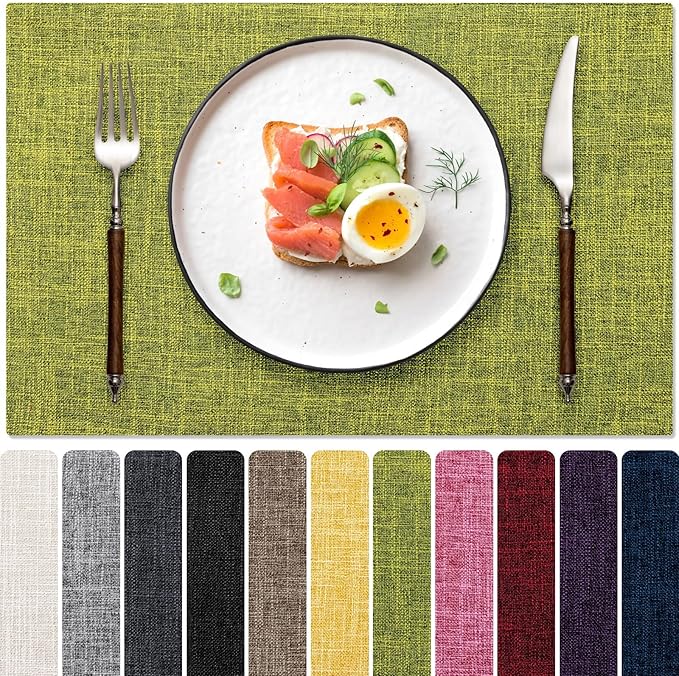 Blue Forest Placemats Set of 6, Dual-Layered Thickened Faux Linen Cloth Place Mats Heat Resistant Machine Washable Wrinkle Free Table Mats Indoor/Outdoor ((Lime Green)
