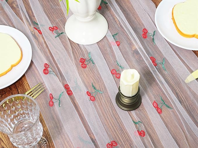 YATOJUZI Embroidery Cherry Table Runner Girly Rustic Decorations Summer Seasonal Fruits Floral Home Kitchen Decor Tulle Dining Table Runners for Wedding Shower Party