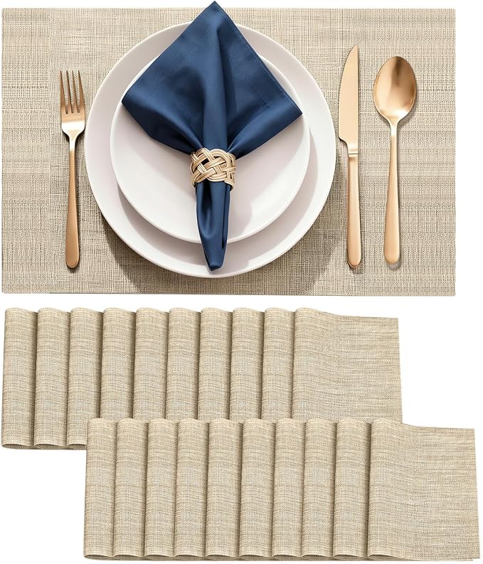 Durable Vinyl Placemats Set of 20, Non-Slip for Dining Table Mat, Heat Resistant Place Mats, Washable Anti-Slip PVC Easy to Clean Wipeable Premium Plastic Mats for Kitchen Brightbrown