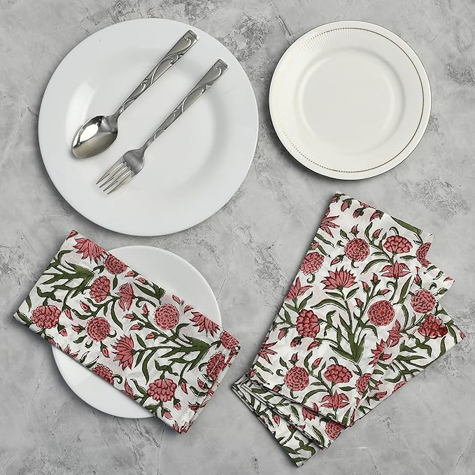 CPC Red Garnet Indian Block Print Cotton Cloth Napkins Set of 4, 18x18 Reusable Everyday Napkins, Soft, Absorbent, Floral Dinner Napkin, Holiday, Party Gift, Spring,Mother's Day