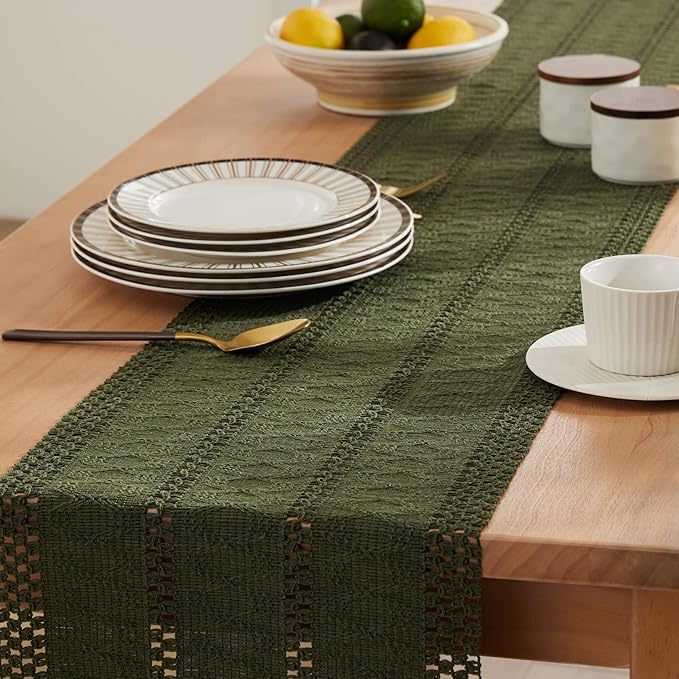 ZeeMart Macrame Style Boho Table Runner, Olive Green Table Runners 108 Inches Long, Farmhouse Woven Home Decor, 12x108 Inch, Olive
