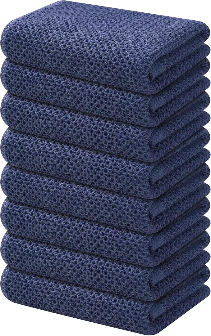 Kitinjoy 100% Cotton Waffle Weave Kitchen Hand Towels (13 x 28 Inches, Navy Blue), 8-Pack Super Soft and Absorbent Dish Towels for Drying Dishes
