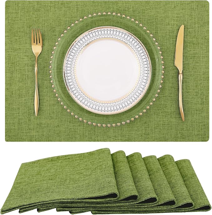 homing Cotton Linen Placemats Set of 6, Cloth Washable Farmhouse Dining Table Mats for Indoors & Outdoors, Easy to Clean, Grass Green, 13 x 19 Inch