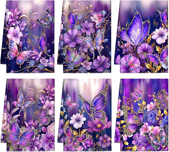 Breling Set of 6 Purple Butterfly Kitchen Towels Floral Butterfly Dish Towel Bathroom Decorative Purple Cloths for Kitchen Bathroom Home Cooking Housewarming Gifts, 14 x 21 Inch