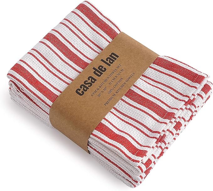 Kitchen Towels Set – Pack of 6 (20’’ x 30’’) Extra Large Premium Cotton Dish Towels for Kitchen – Basket Weave Towels – Absorbent – 100% Cotton – with Hanging Loop – Red