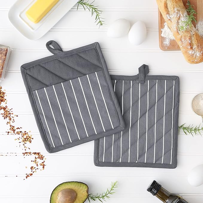 Professional and Commercial Grade, Chef Stripe Kitchen, Potholders, Gray