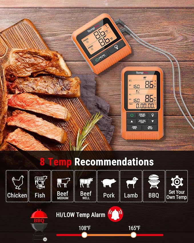 TempPro TP826 500FT Wireless Meat Thermometer, Dual Meat Probe Cooking Thermometer with HI/Low Alert, Food Grill Temperautre Probe for BBQ, Smoker, Oven, Grilling Gift (Previously ThermoPro)
