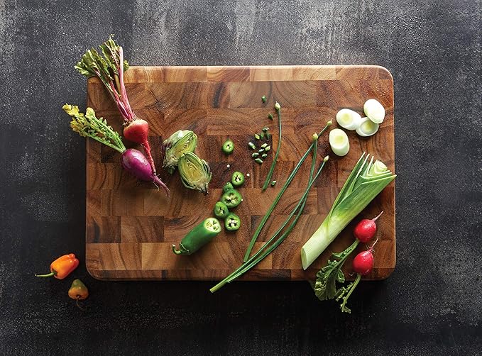 Ironwood Gourmet Large End Grain Prep Station and Large End Grain Prep Board With Juice Channel Set, Acacia Wood