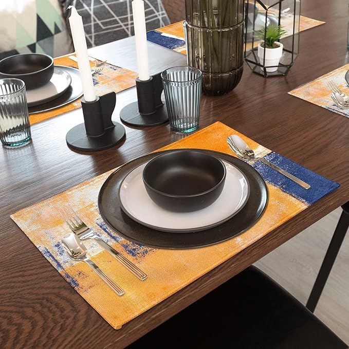 Modern Art Placemats Set of 4 Yellow Abstract Painting Place Mats Washable Linen Blue Placemat for Kitchen Dining Table Home Dinner Party Decor 18x12 Inches