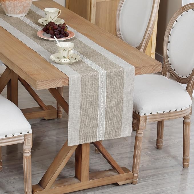 Farmhouse Braided Striped Table Runner Rustic Embroidery Coffee Table Runners for Decorations Weddings Holiday Brown 13x108inch