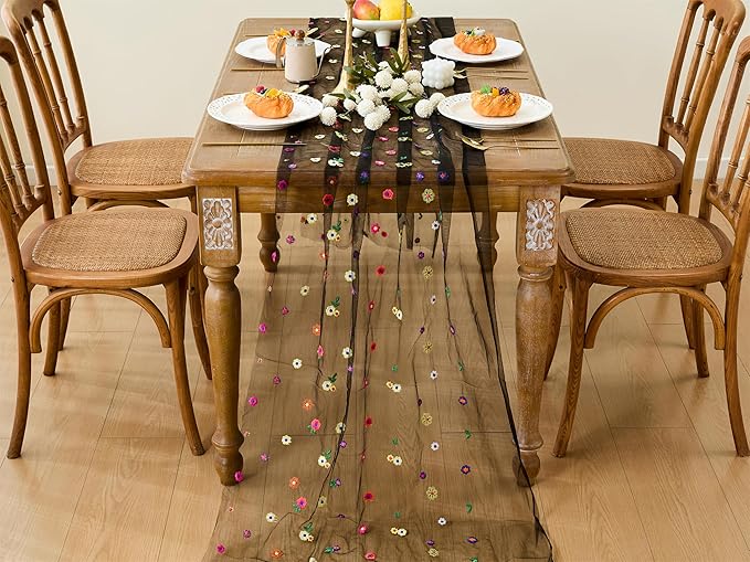YATOJUZI Black Table Runner Embroidery Daisy Summer Floral Decorations Seasonal Tulle Dining Table Runners for Home Kitchen Decor Wedding Shower Party