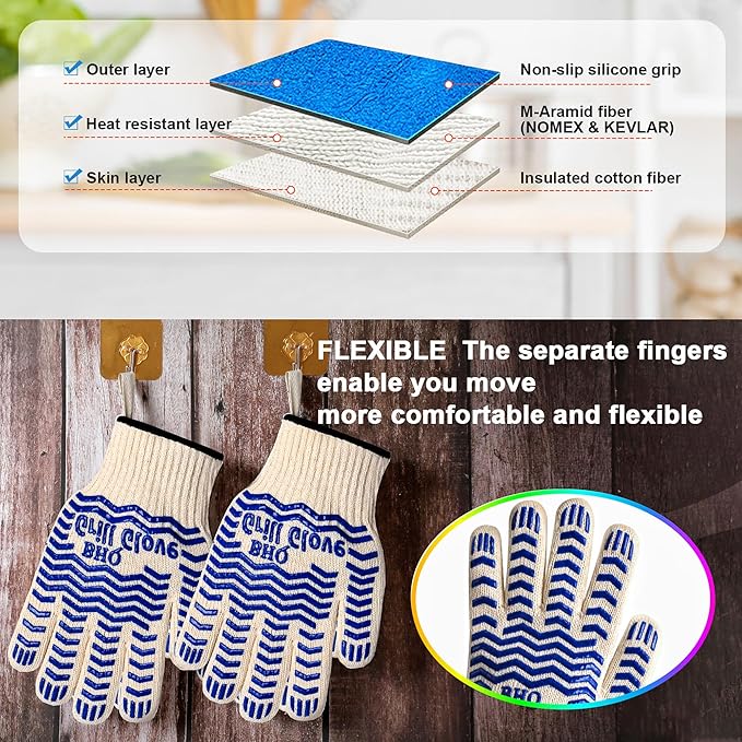 2 PCS Heat Resistant Oven Gloves - BBQ Gloves Grill Heat Resistant Cooking Gloves Fireproof Oven Gloves for Cooking, Non-Slip Fire Gloves for Grilling, Barbecue, Baking, Frying Oven Welding Gloves
