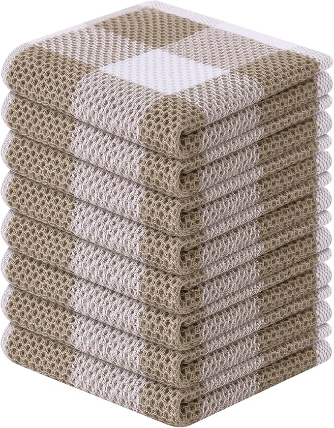 Homaxy 100% Cotton Waffle Weave Check Plaid Dish Cloths, 12 x 12 Inches, Super Soft and Absorbent Dish Towels Quick Drying Dish Rags, 8-Pack, White & Khaki
