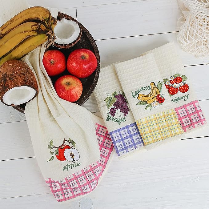 Lavien Home, Dish Towels for Kitchen, Turkish Cotton Waffle Weave Fruits Embroidered Washable Tea Towels with Plaid Housewarming Gift (Set of 4), 16 x 24 inches